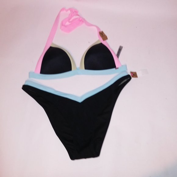 Victoria Secret PINK Swim Bikini XL Top XXL Bottom Black Pink‎ Blue Green Padded - Picture 2 of 12